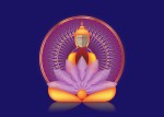 Buddha sitting in meditation over Golden Mandala, esoteric purple lotus vector illustration. Vintage sacred culture background. Indian, Buddhism, spiritual art. Gold, spirituality, Thai god,&nbsp;yoga